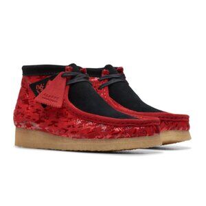 CLARKS Original Popcaan Collab Red Black Camouflage Wallabee Shoes